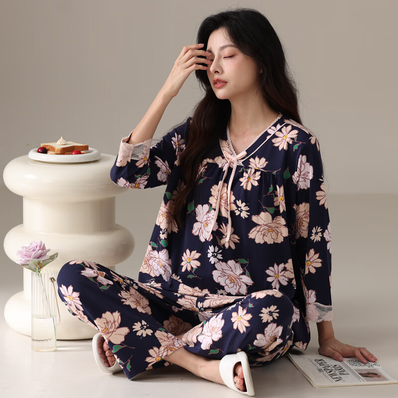 绮瑞女士莫代尔家居服春秋长袖国风印花优雅妈妈睡衣秋款大码套装 深蓝 2XL