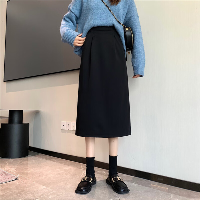 漫蒂薇半身裙a字裙短款西服搭配黑色女秋冬中长款显瘦高腰开叉包臀裙