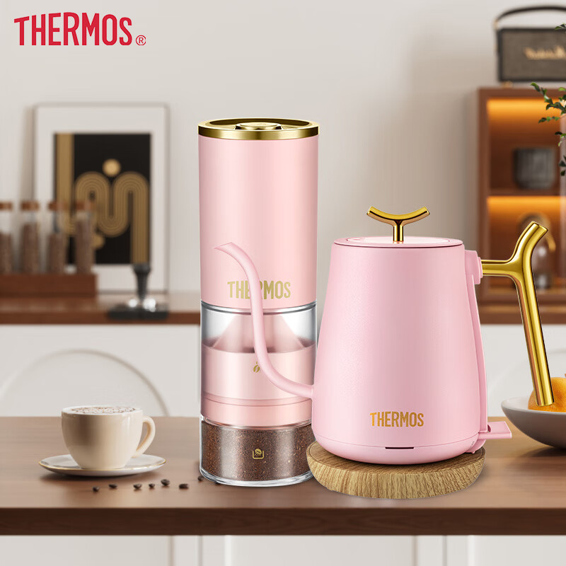 膳魔师（THERMOS）电动磨豆机家用便捷咖啡研磨机小型咖啡机手冲咖啡 EHA-5611A粉色+EHA-1363A粉色