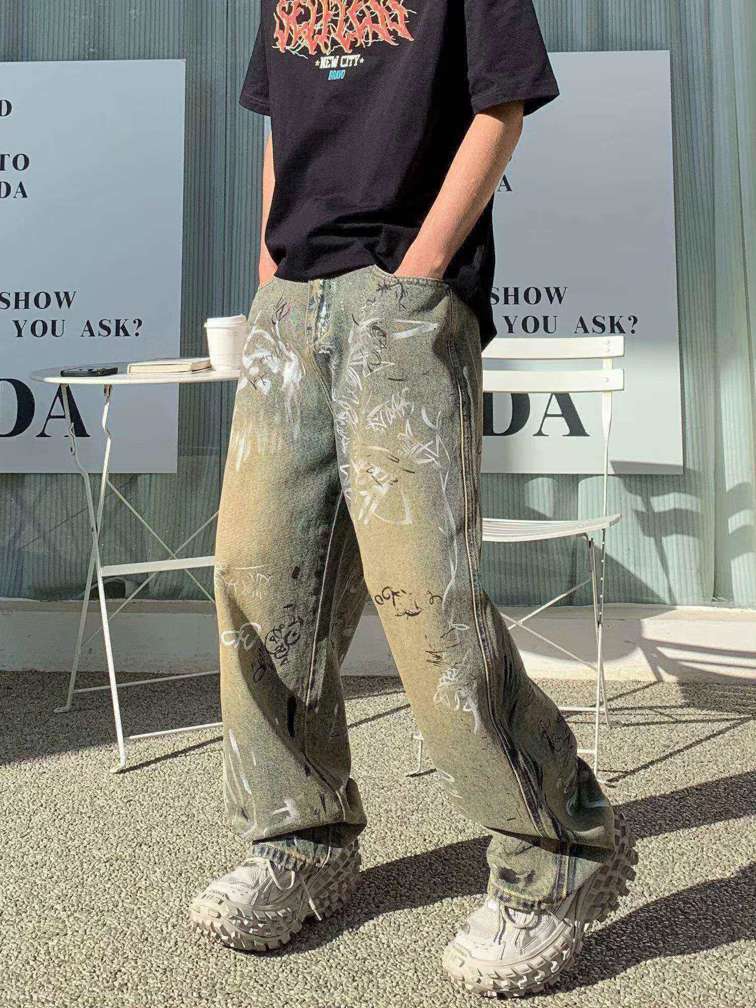 leedprre国潮涂鸦牛仔裤男士2024春款潮牌高街宽松垂感阔腿裤显瘦直筒