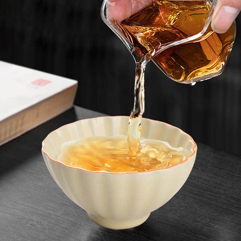 易信花瓣大号茶杯主人杯汝窑开片喝茶杯陶瓷杯单杯锦盒包装茶具配件 汝窑菊花杯-米黄