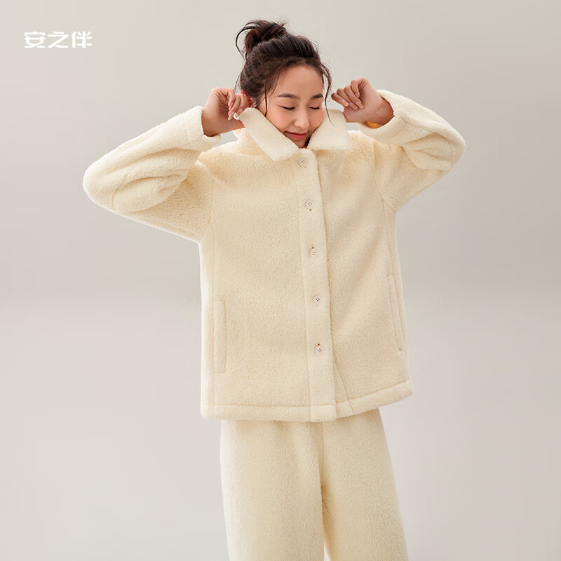 安之伴睡衣女秋冬加厚北羔绒暖暖简约纯色休闲女士家居服套装可外穿 浅黄 L