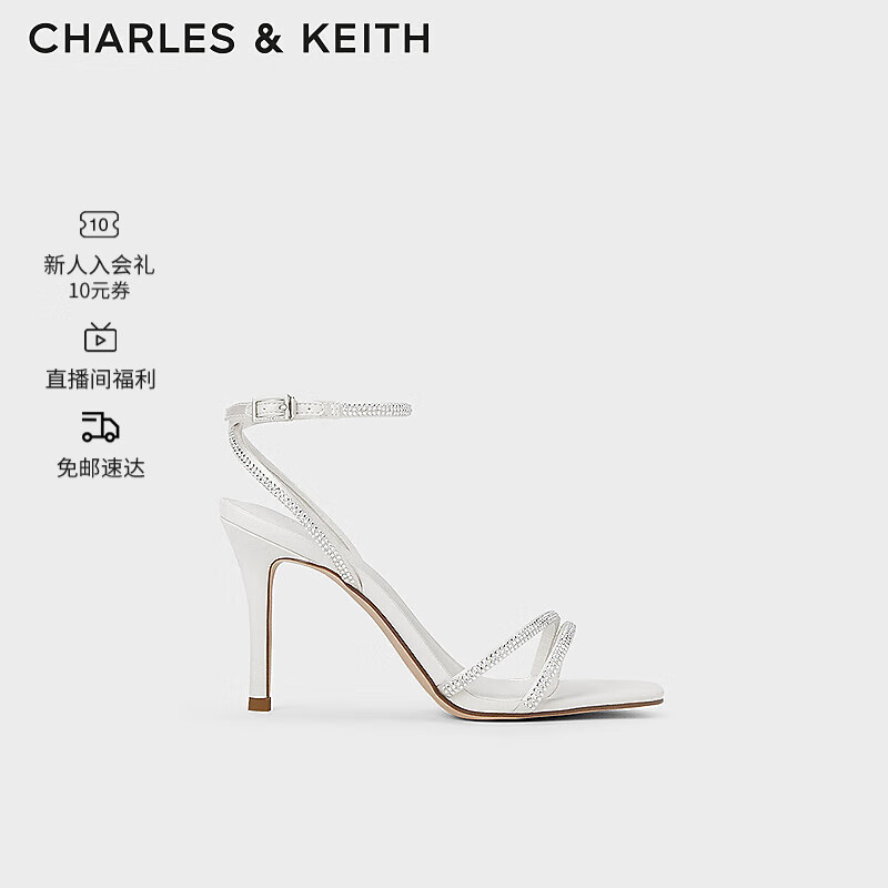 CHARLES&KEITH24春季新品法式亮钻一字带高跟凉鞋女CK1-60280423 White白色 37
