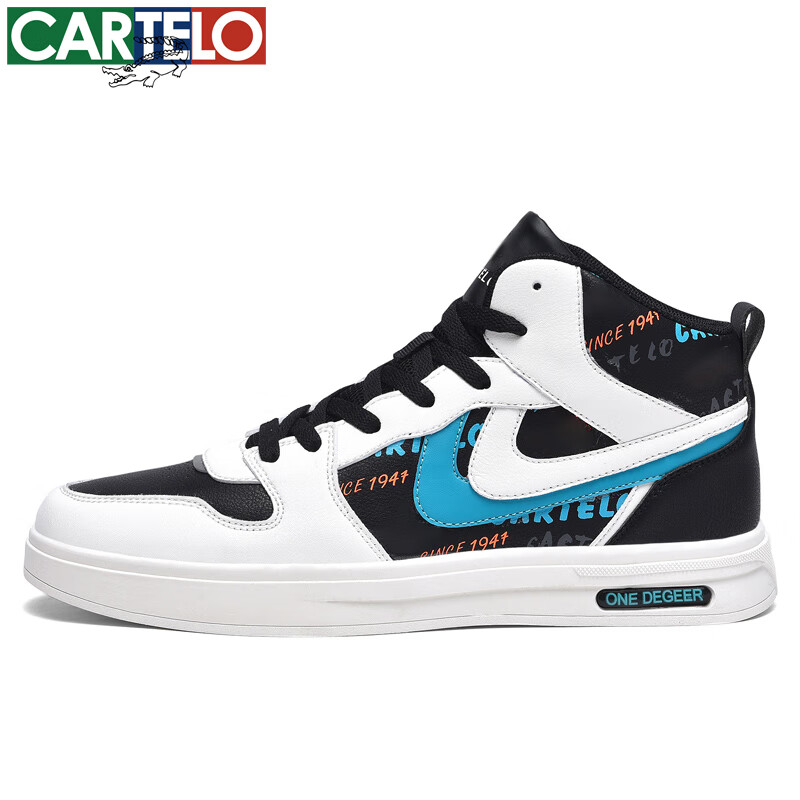 卡帝乐鳄鱼高帮板鞋男士春秋季新款运动休闲鞋皮面鞋子百搭潮流男鞋 黑白蓝 41