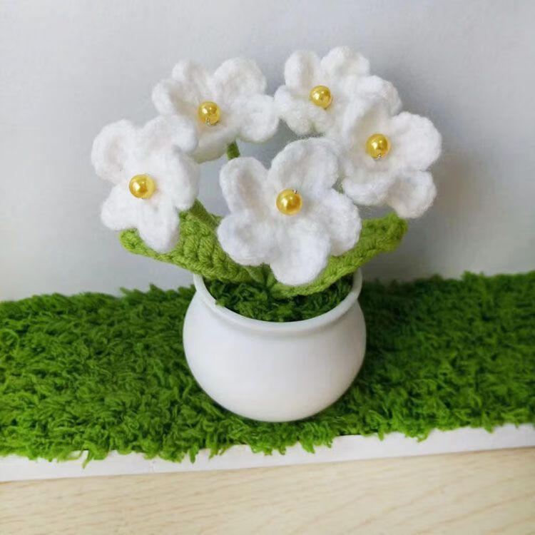 车载桌面摆件手工编织毛线仿真花束盆栽勿忘我铃兰成品 勿忘我白色