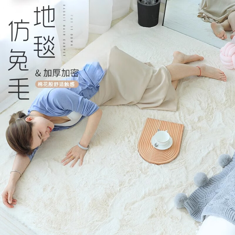 兴连心地毯卧室客厅2025新款可擦免洗仿兔毛绒床边毛毯地垫飘窗垫厚白色 兔毛米白色【短毛】 定制请联系客服
