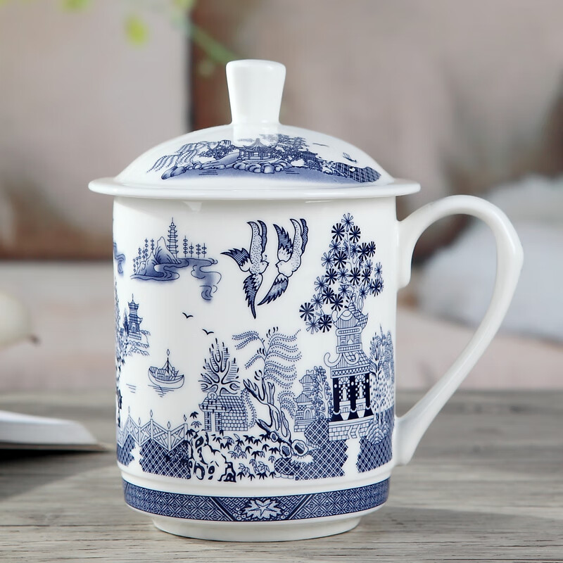 oneday高端品牌景德镇茶杯陶瓷带盖骨瓷小号水杯子青花瓷器办公会议