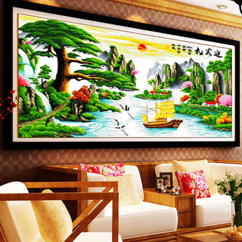 ks·3d迎客松十字绣线绣流水生财风景聚宝盆 客厅大幅大画现代简约