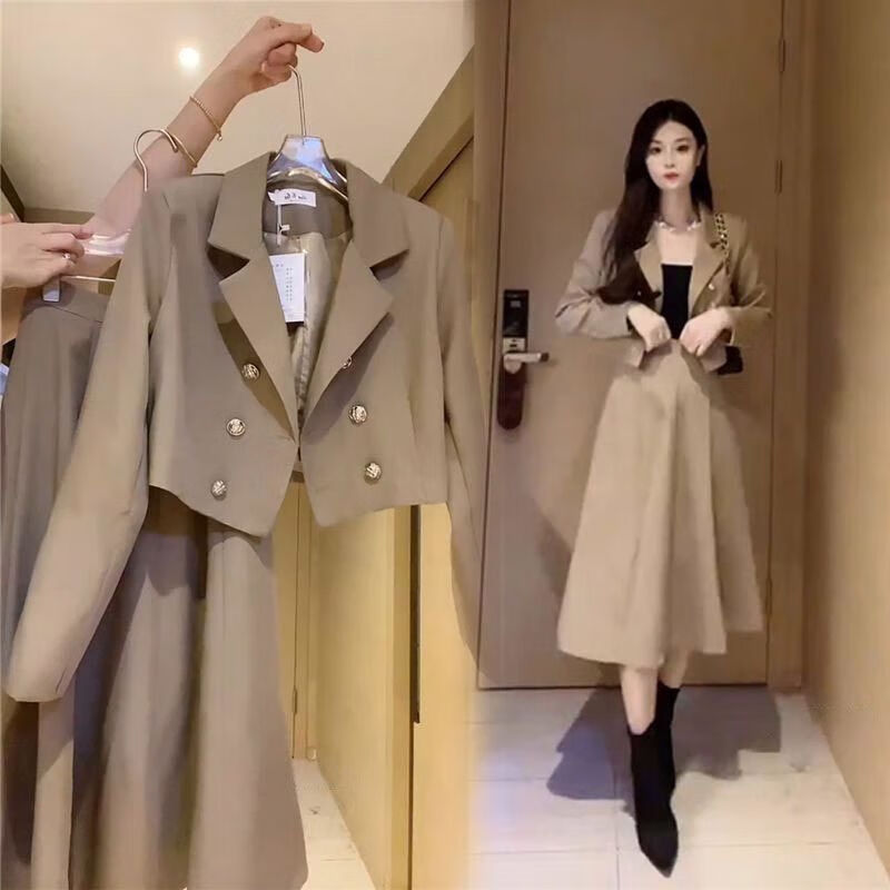 的西装外套冬季小女休闲套装网红气质时尚套装女秋季新 卡其色套装 s