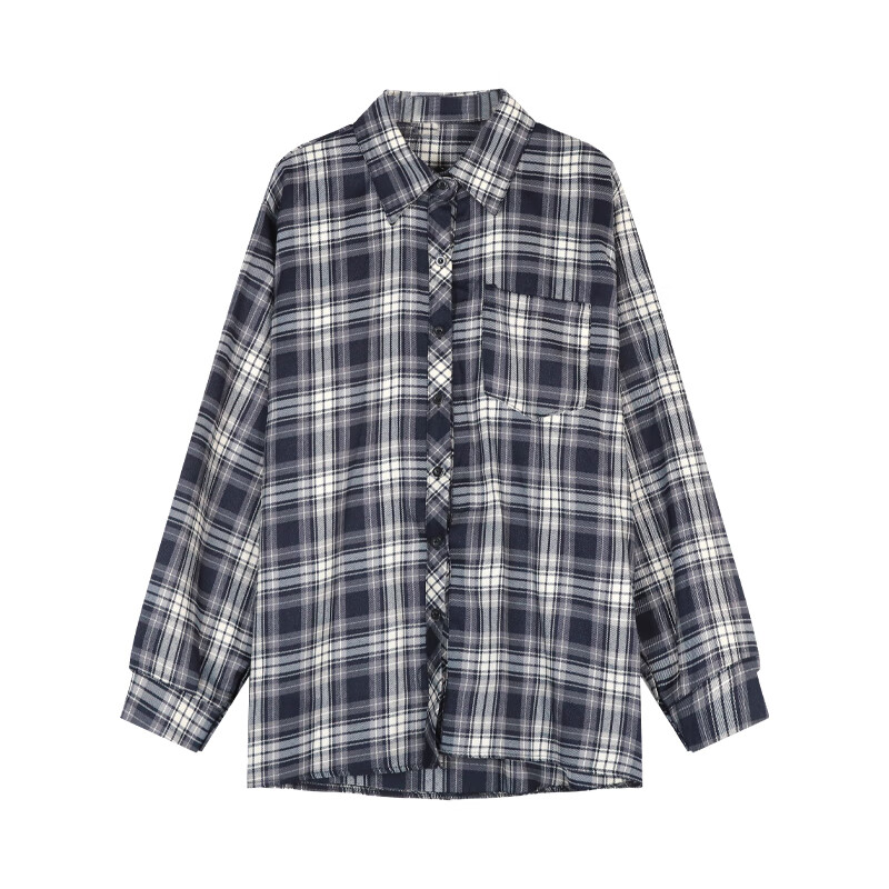 娴槐慵懒风复古开衫黑白格子衬衫女装春季中长款宽松休闲衬衣外套上衣