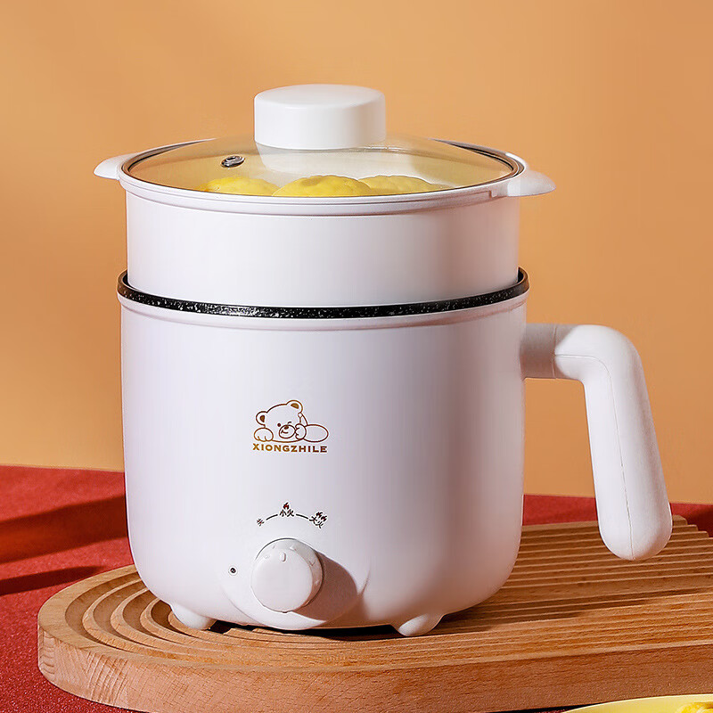 满得利电煮锅电热锅学生宿舍电火锅家用小电锅多功能电炒锅满得利 【旋钮熊猫】珍珠白 不粘锅