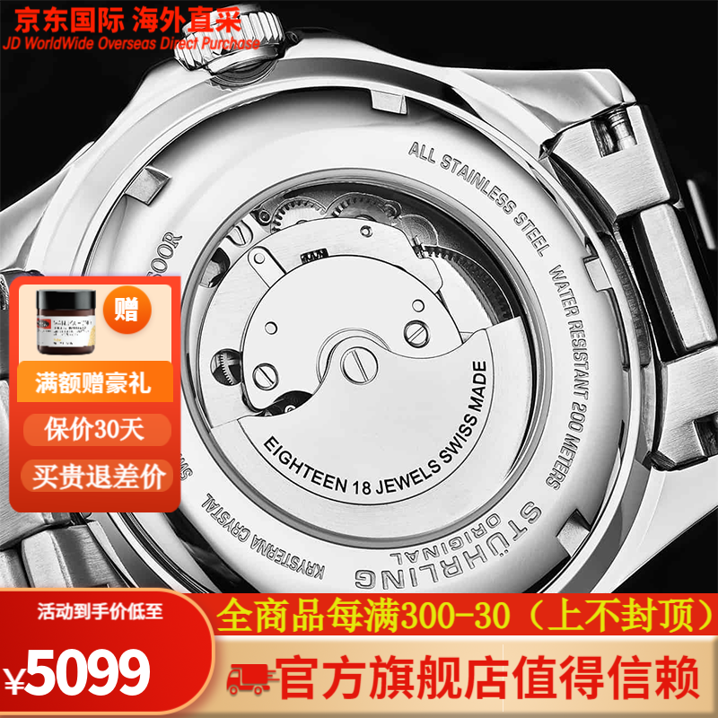 施图霖(stuhrling)原装进口 潮流休闲全自动机械男士手表旋入式表冠