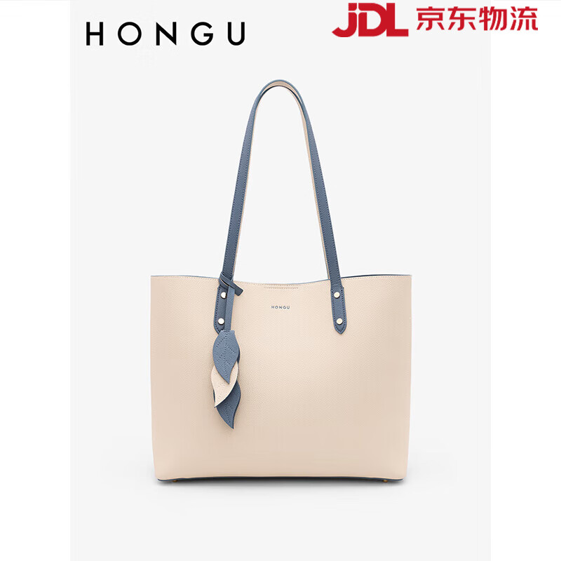 紅谷（HONGU）新款牛皮單肩手提包時尚通勤大容量媽媽托特包女士包 灰白