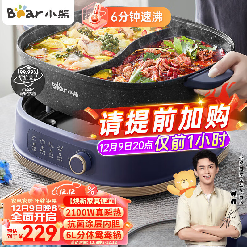 小熊（Bear）鸳鸯锅 电火锅 火锅专用锅多用途锅电煮锅多功能锅分体式家用电热锅料理涮肉锅火锅锅具 C60D1 6L