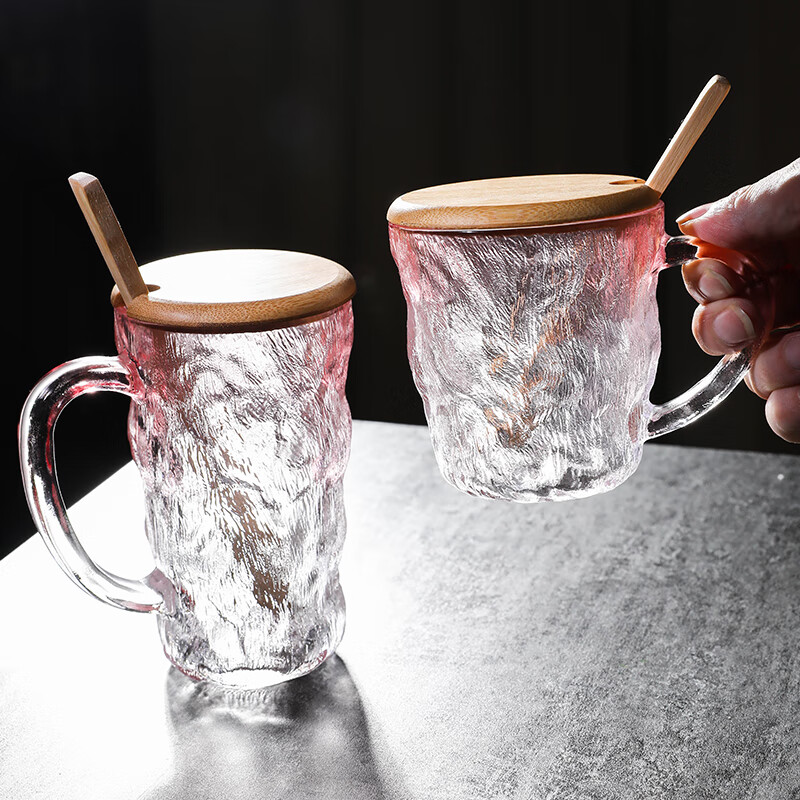 妙普乐冰纹玻璃杯 冰川纹带把玻璃杯磨砂ins网红高颜值情侣杯感耐热