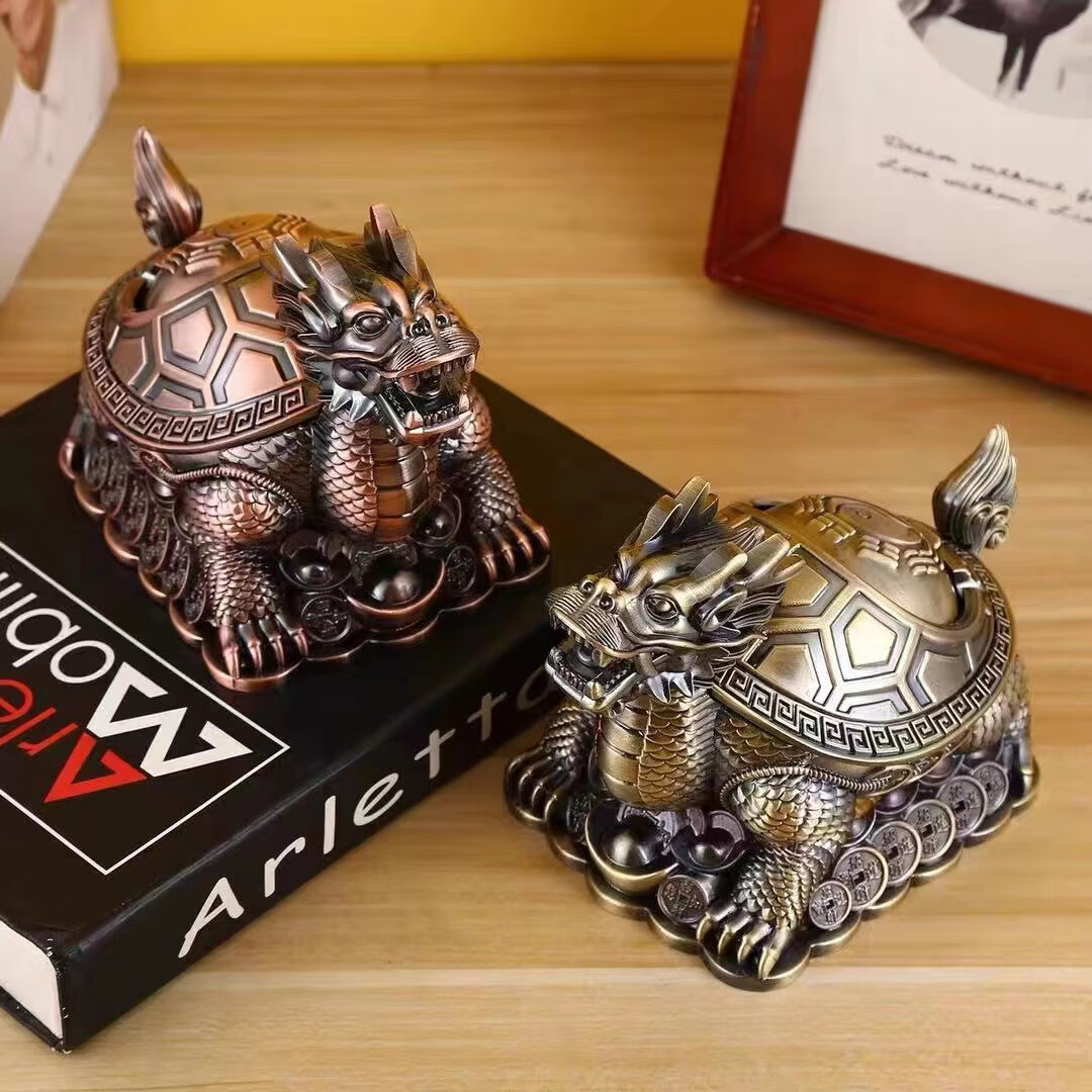 烟灰缸创意高档合金龙龟轻奢客厅办公室防灰带盖烟灰缸转运摆件 红铜龙龟