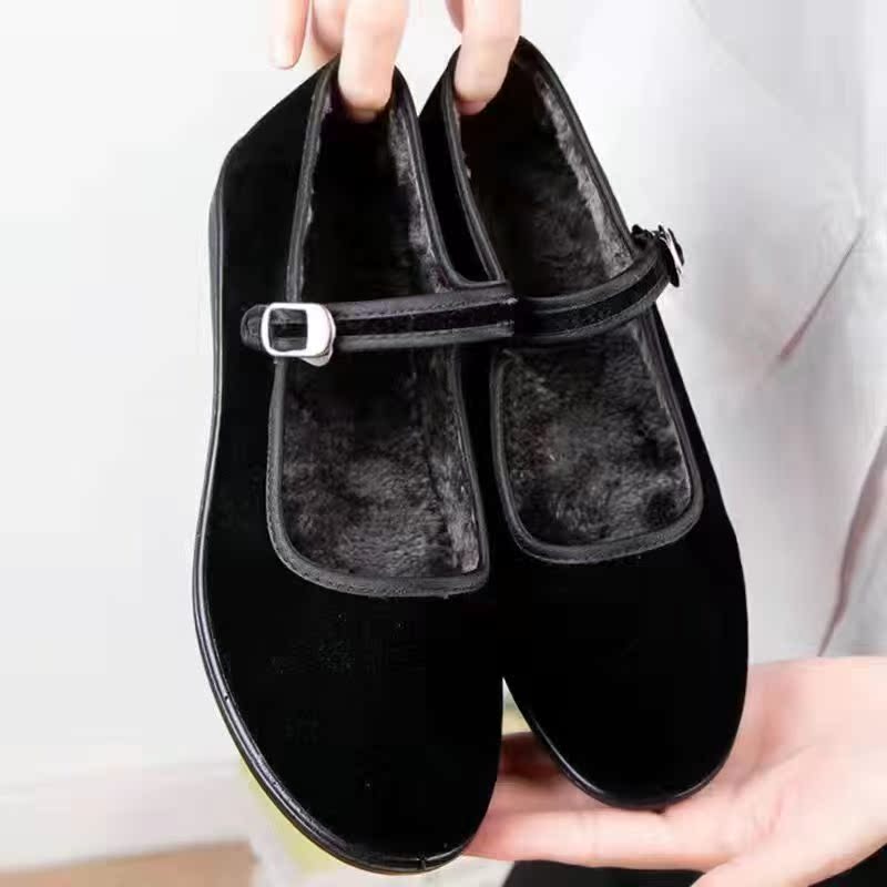 回力瑞老北京布鞋女防滑酒店工作鞋黑色广场舞蹈妈妈鞋中老年软底平底鞋 格子黑布鞋一字扣[棉鞋] 加绒 36