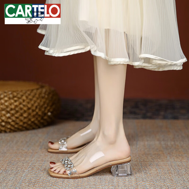 卡帝樂鱷魚（CARTELO）透明涼鞋女2025年夏季新款水鉆外穿一字帶拖鞋高跟鞋水晶跟涼拖鞋 裸色5CM 36