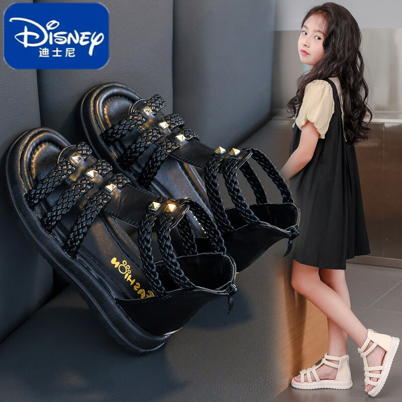 儿童凉鞋女童夏季新款中大童罗马鞋小女孩公主鞋时尚宝宝凉鞋 黑色 26