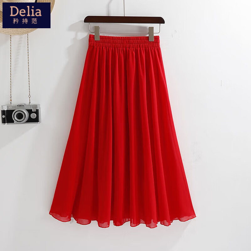 矜持范2024夏装新款跳舞裙子雪纺半身裙女中长款a字仙女裙长裙大红色