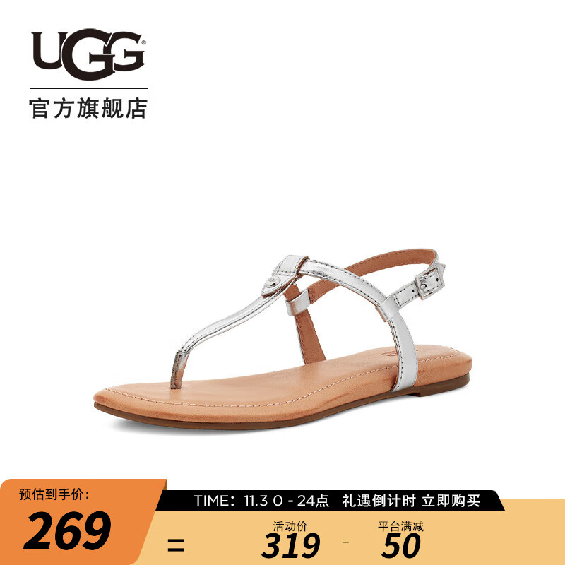 UGG2023夏季女士凉鞋金属银色平底夹脚休闲罗马凉鞋 1118516 SLVM | 金属银色 37怎么看?