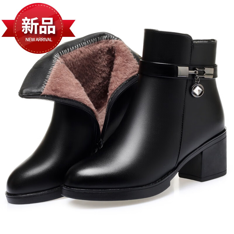 登歧冬季中老年妈妈保暖羊毛靴女新款真眞皮棉鞋冬加绒羊毛棉皮鞋中跟