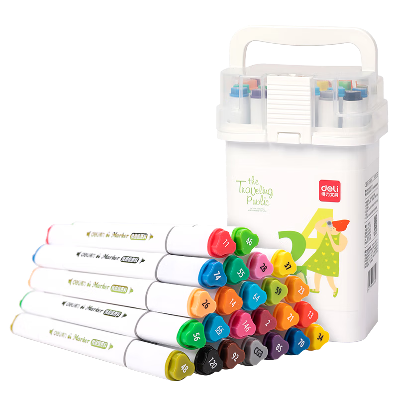 得力（deli）文具24色食品级马克笔儿童细三角杆双头水性彩笔绘画套装HM313-24元旦树水彩笔美育