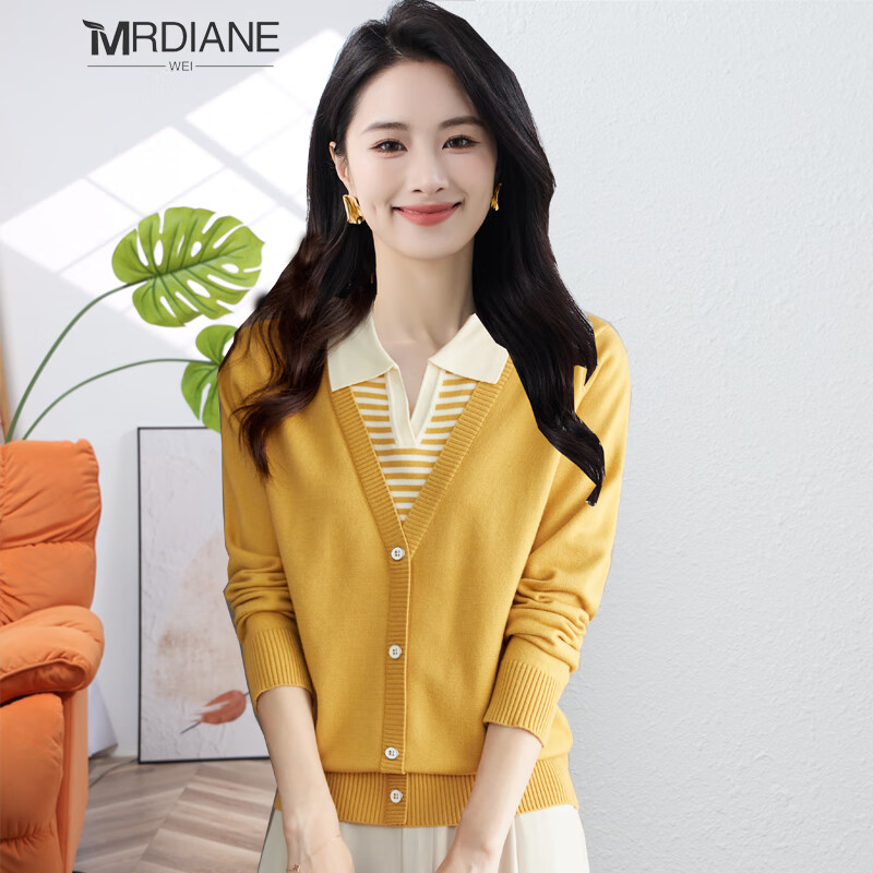 Mrdiane wei假兩件針織衫女翻領春秋裝洋氣寬松打底衫上衣 黃色 均碼 