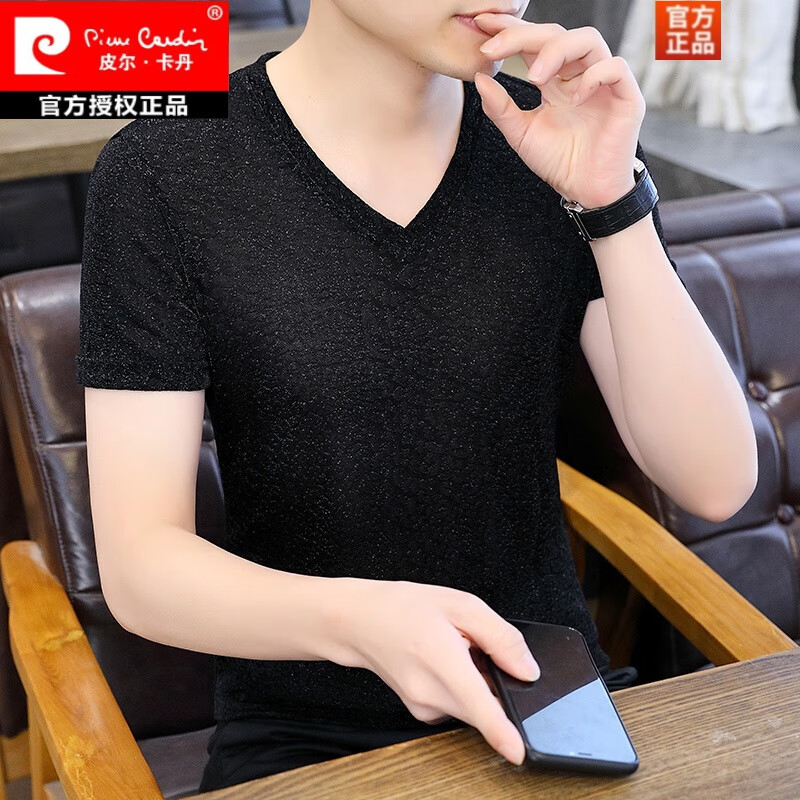 皮尔卡丹（pierre cardin）男士V领薄款t恤夏季新款韩版修身网纱镂空打底衫亮丝个性短袖上衣 蓝色 4XL