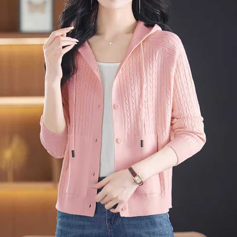 恒源祥高档羊毛衫女秋冬季减龄毛衣外套宽松连帽针织开衫外搭短洋气