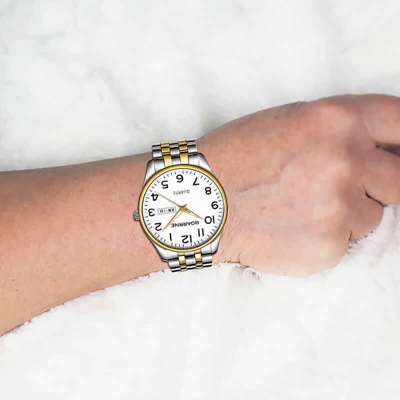 伯恩（BOARRNE）中老年老人手表男士女式大数字夜光电子防水表送爸妈爷爷新年礼物 809A金边钢带-日历-男表