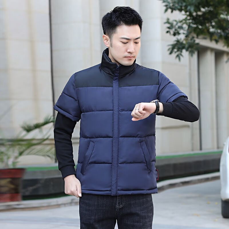 町苧男士短袖马甲保暖护肩半袖羽绒棉服中年休闲新款6X加码拼色冬棉袄 黑色 经典黑 4XL 146-165斤