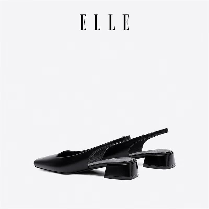 ELLE官方女鞋新款包头凉鞋女法式方头单鞋通勤低跟鞋子 黑色 3cm 38 (240mm) 标准码