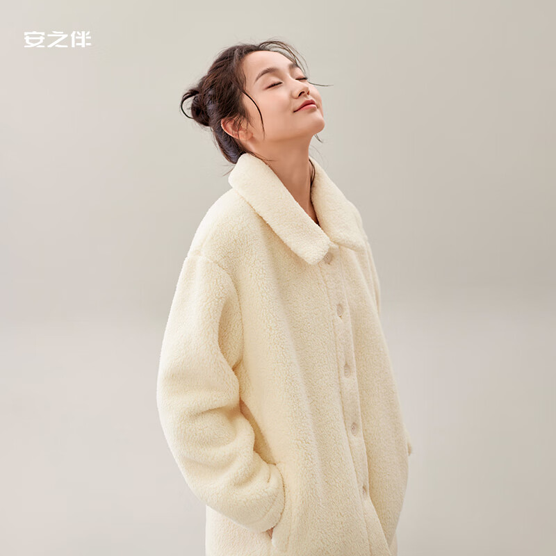 安之伴睡衣女秋冬加厚北羔绒暖暖简约纯色休闲女士家居服套装可外穿 浅黄 L