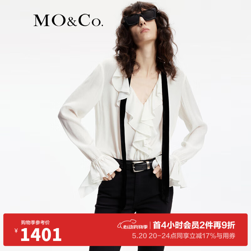 MO&Co.2024春新品丝绒领带荷叶边含桑蚕丝雪纺上衣MBD1TOP028 本白色 S/160