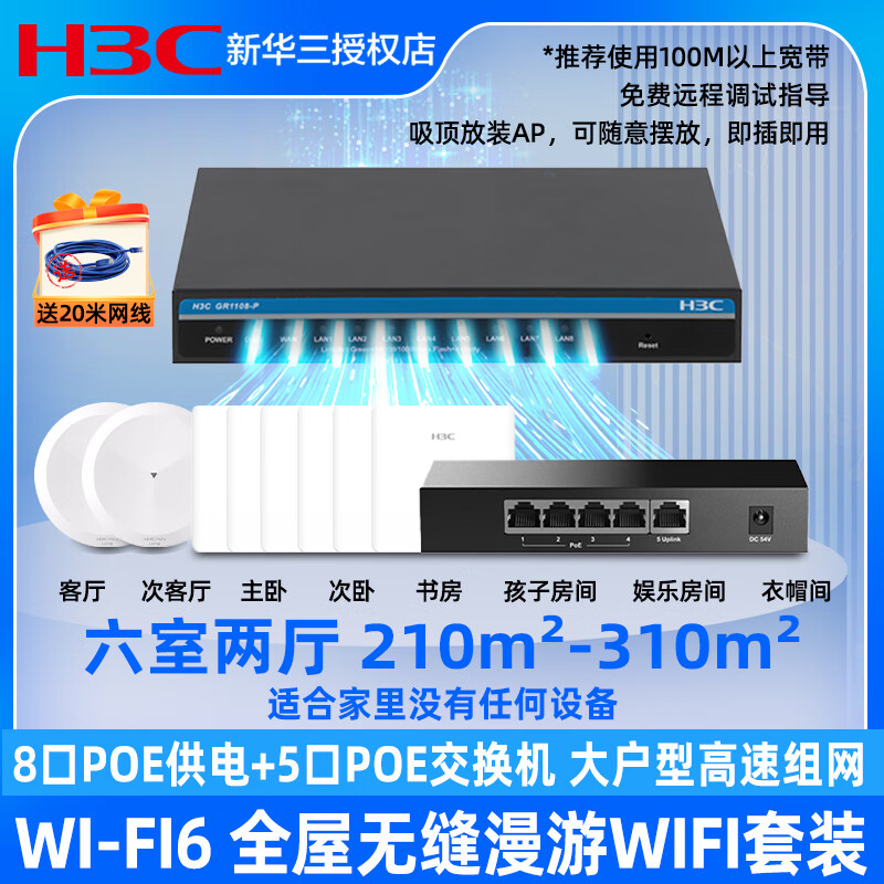 H3C新华三 全屋wifi6套装千兆双频无线86型面板吸顶ac+apPoE全屋wifi覆盖适用于家庭别墅小型办公场景 【带路由】6室两厅别墅/小型办公210-310平米 全屋wifi套装