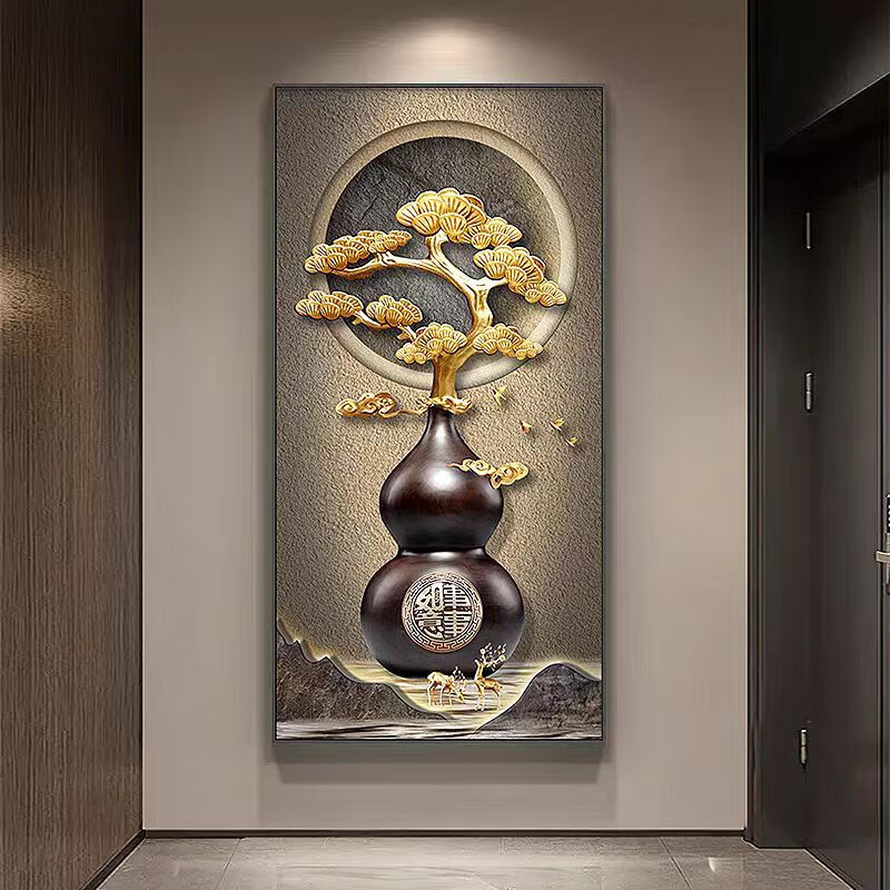 柳色半青中式吉祥葫芦画玄关装饰画轻奢入户走廊壁画过道尽头墙上画晶