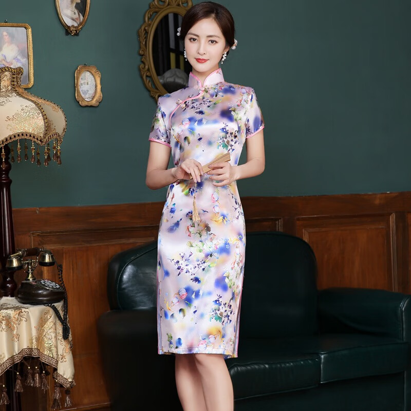 格宝特古典舞旗袍中国风中国舞旗袍开叉青花瓷年轻款少女2024年春夏