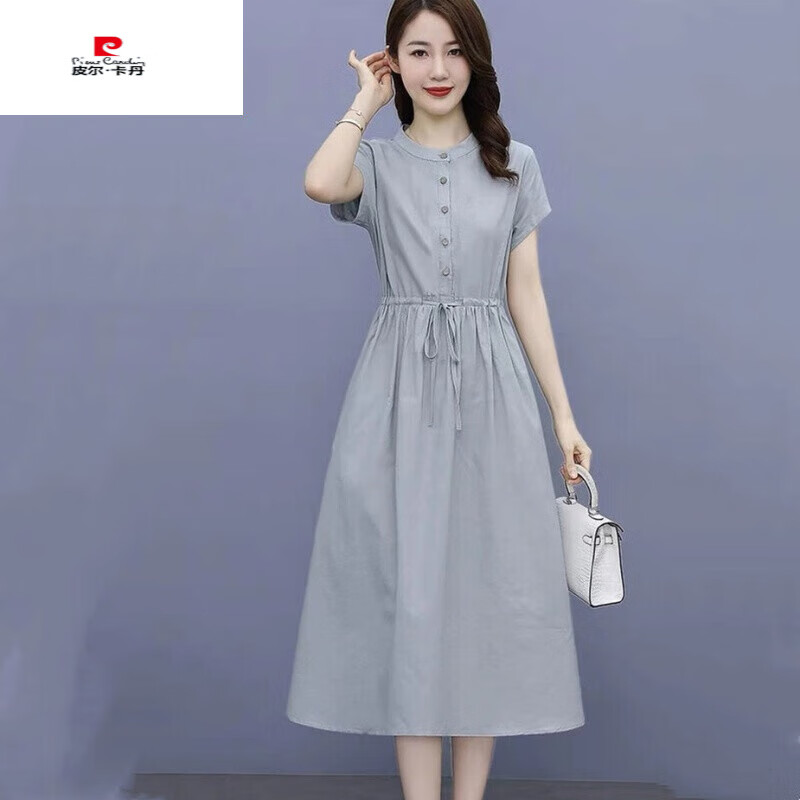 皮爾卡丹（pierre cardin）高檔中年婦女麻料顯瘦遮肚子減齡氣質(zhì)棉麻連衣裙女2022新款夏季時(shí) 霧藍(lán)色(關(guān)注店鋪優(yōu)先發(fā)貨) XL(建議116-125斤)