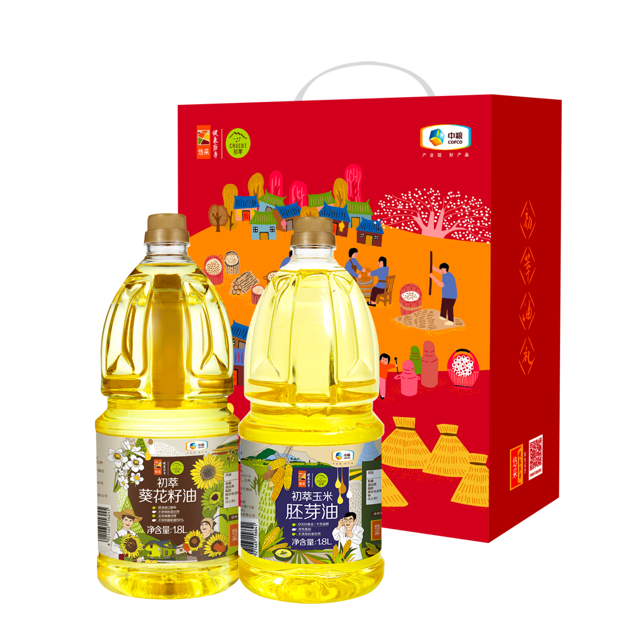 初萃中糧 食用油 葵花籽油+玉米油禮盒3.6L 一級物理壓榨 食用油禮盒