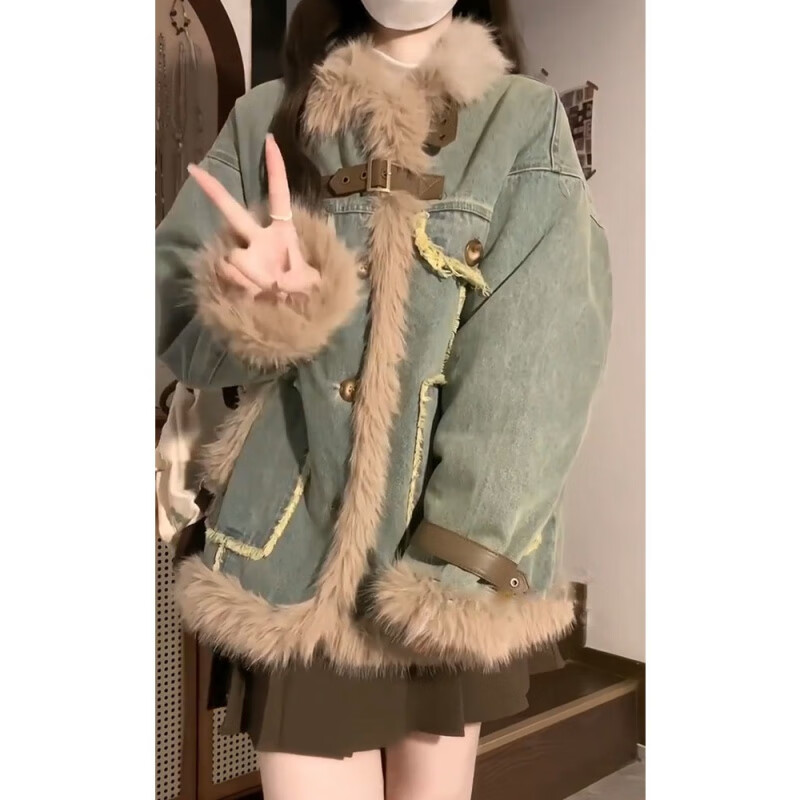 牛仔毛毛外套女冬季新款宽松加厚保暖感拼接复古风羊羔毛棉服棉衣