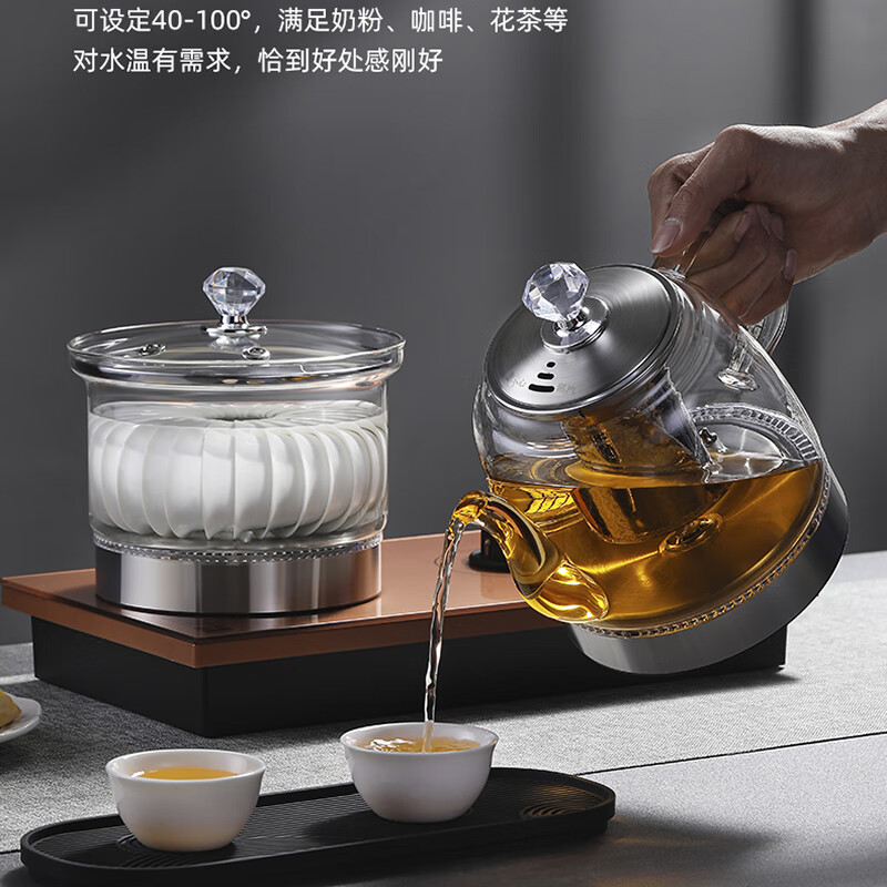 恒功 全自动底部双边下上水电热烧水壶玻璃壶茶台桌泡茶专用一体嵌入式煮茶器套装 1L 金色【双上水】消毒锅款
