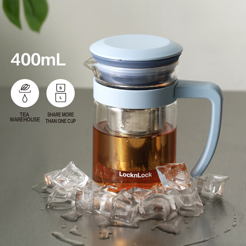 乐扣乐扣（LOCK&LOCK）玻璃泡茶杯组合杯茶水分离带把手男女杯子 400mL蓝色LLG972BLU