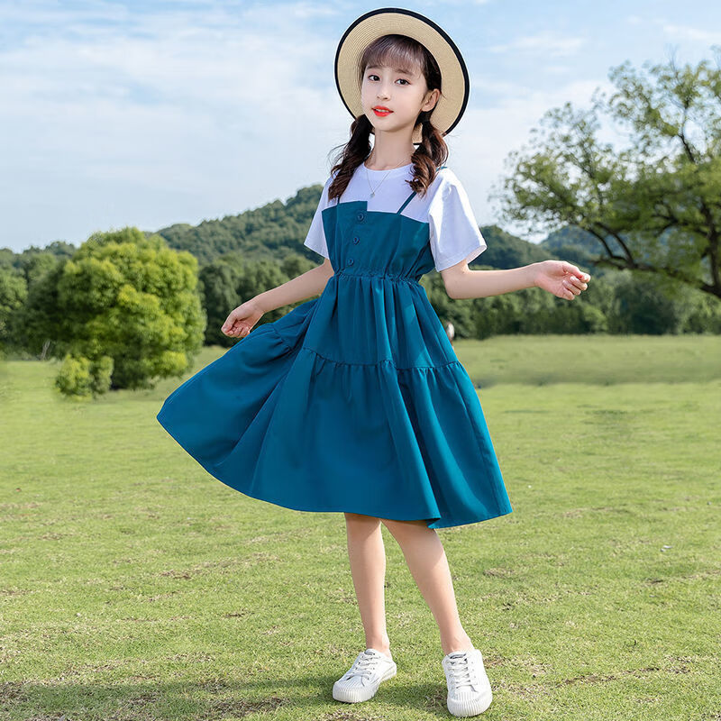lanweifeilei女童连衣裙夏款小清新韩版小女孩学院风拼色假两件小女孩