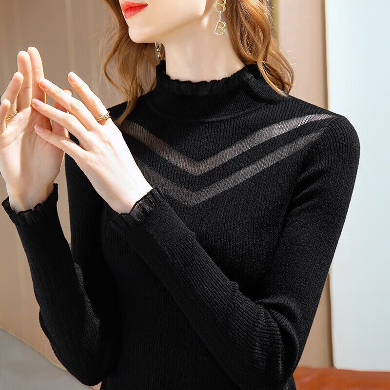 香影芬新款针织衫女半高领蕾丝边打底衫女修身镂空毛衣女洋气内搭上衣女 杏色 XL (建议115-125斤)