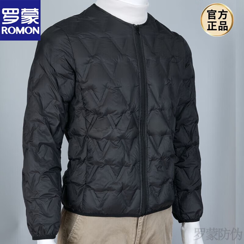 羅蒙（ROMON）超輕便羽絨服男士冬季白鴨絨短款中老年輕薄款羽絨內(nèi)膽男內(nèi)穿上衣 圓2V拉黑色 松緊袖口下擺 S 85-105斤