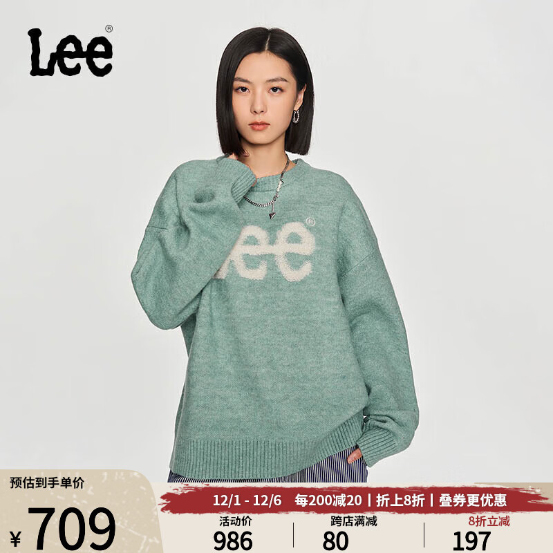 Lee韩国设计23秋冬新品宽松版大logo羊毛混纺套头毛衣潮流LUT0063 绿色 S