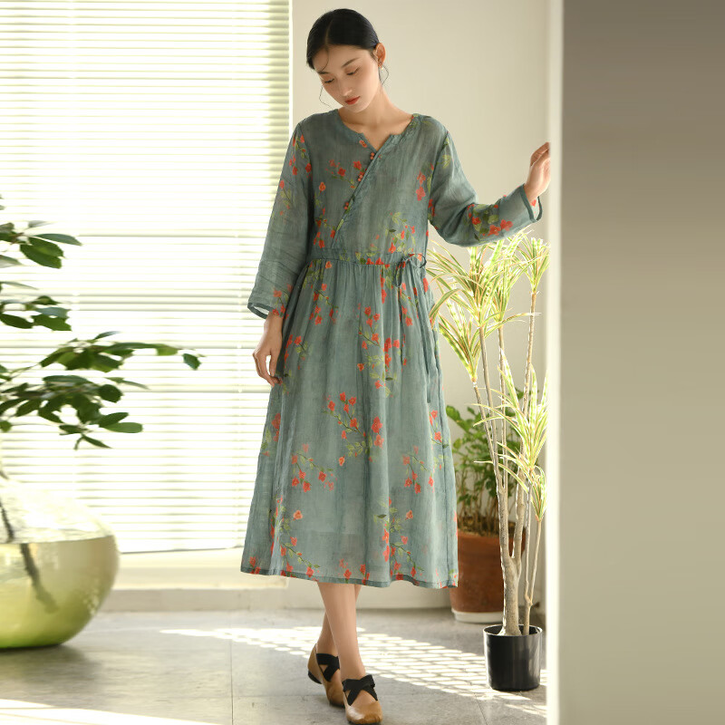 rongxitu)复古女装新款收腰苎麻连衣裙女新中式长袖棉麻碎花裙 橄榄灰