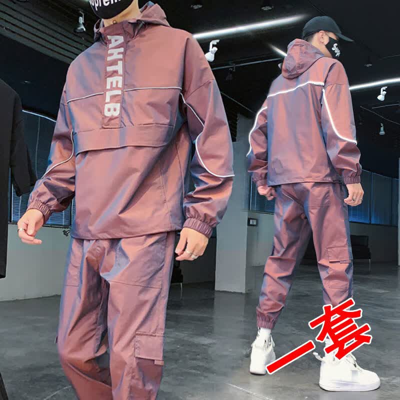 ke)男套装一整套全身秋冬潮牌男士休闲套装春秋季潮流反光痞帅气两件