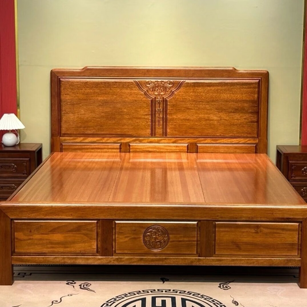 金花梨木床全实木双人床中式卧室家具菠萝格实木床榫卯硬板床 金花梨